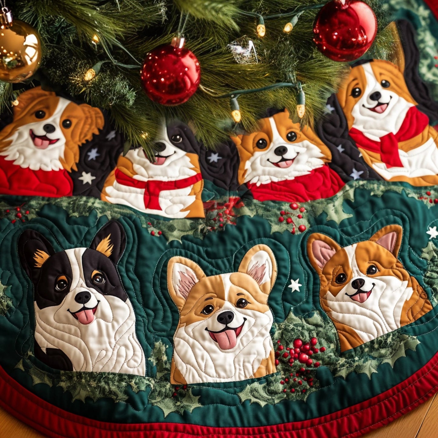 Corgi Yuletide Charm Quilted Christmas Tree Skirt NCU0PT2058