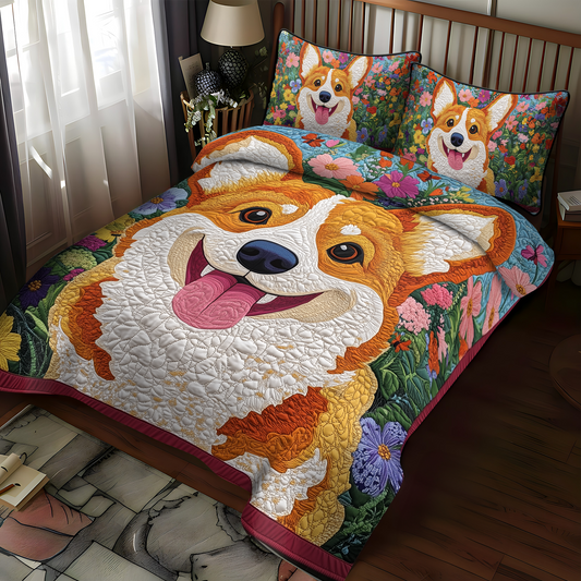 Corgi in Bloom 3-Piece Quilted Bedding Set NCU0DK1607