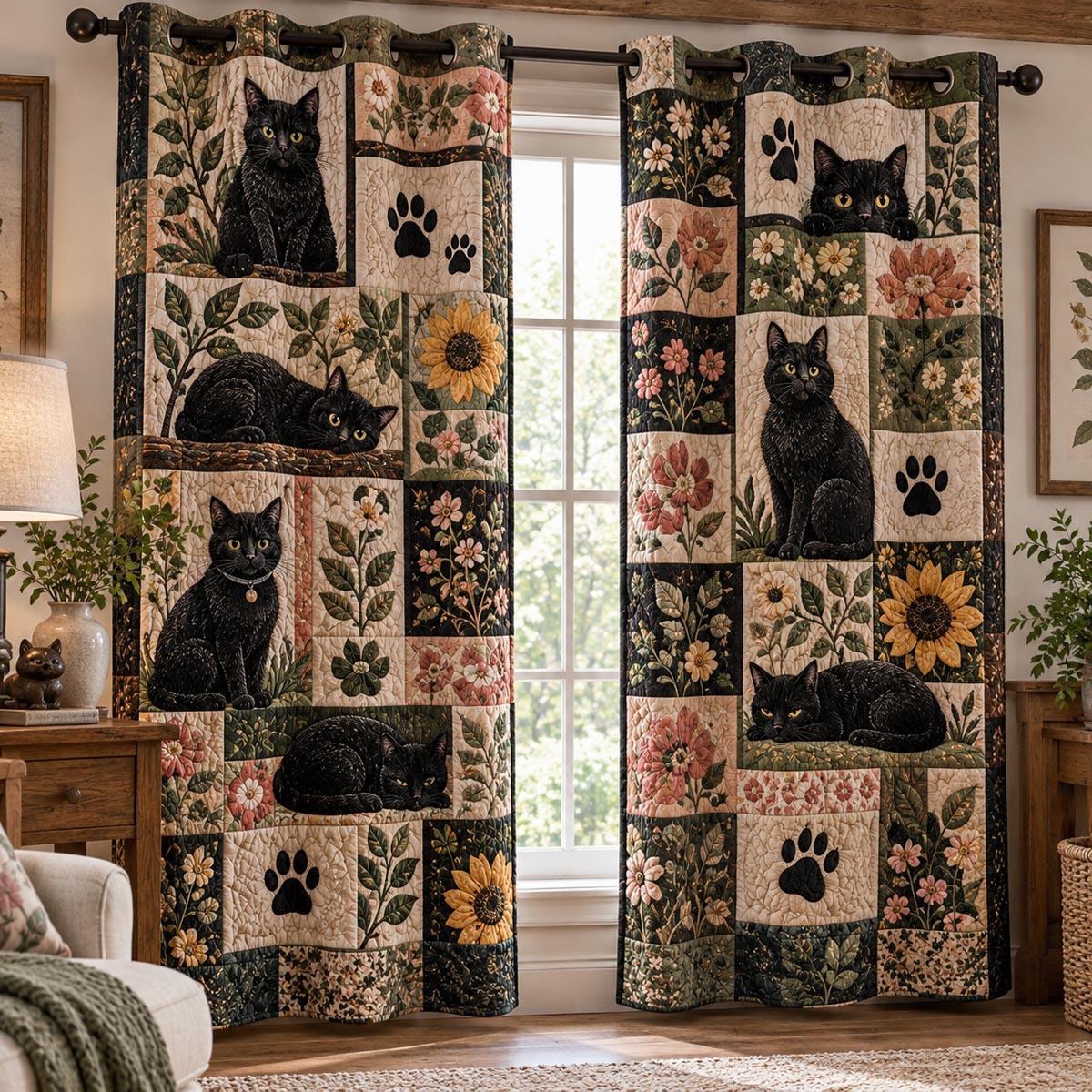 Country Garden Black Cat Quilted Curtains NCU0DV10393