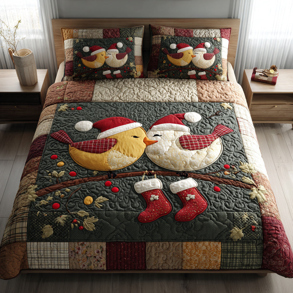 Couple Bird Christmas 3-Piece Quilted Bedding Set NCU0HH602