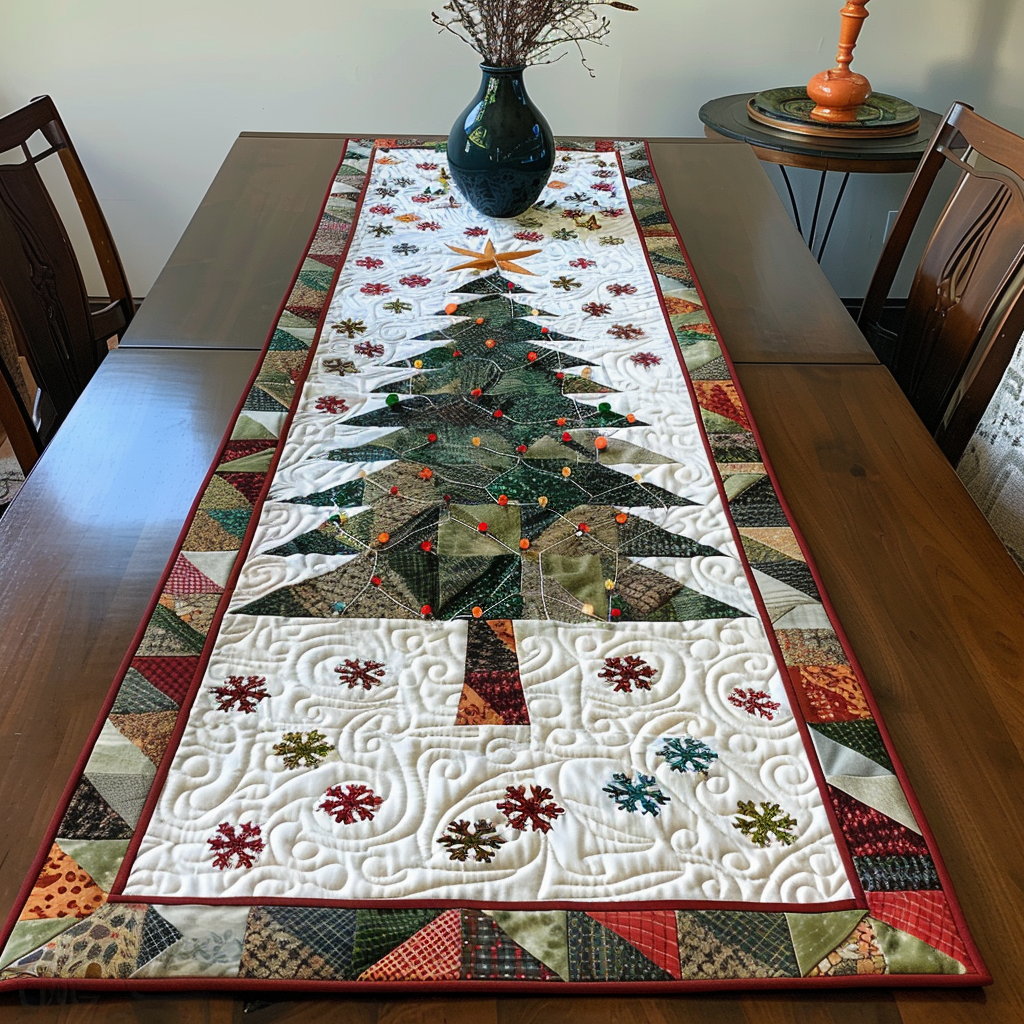 Cozy Christmas Tree Quilted Table Runner NCU0PT160