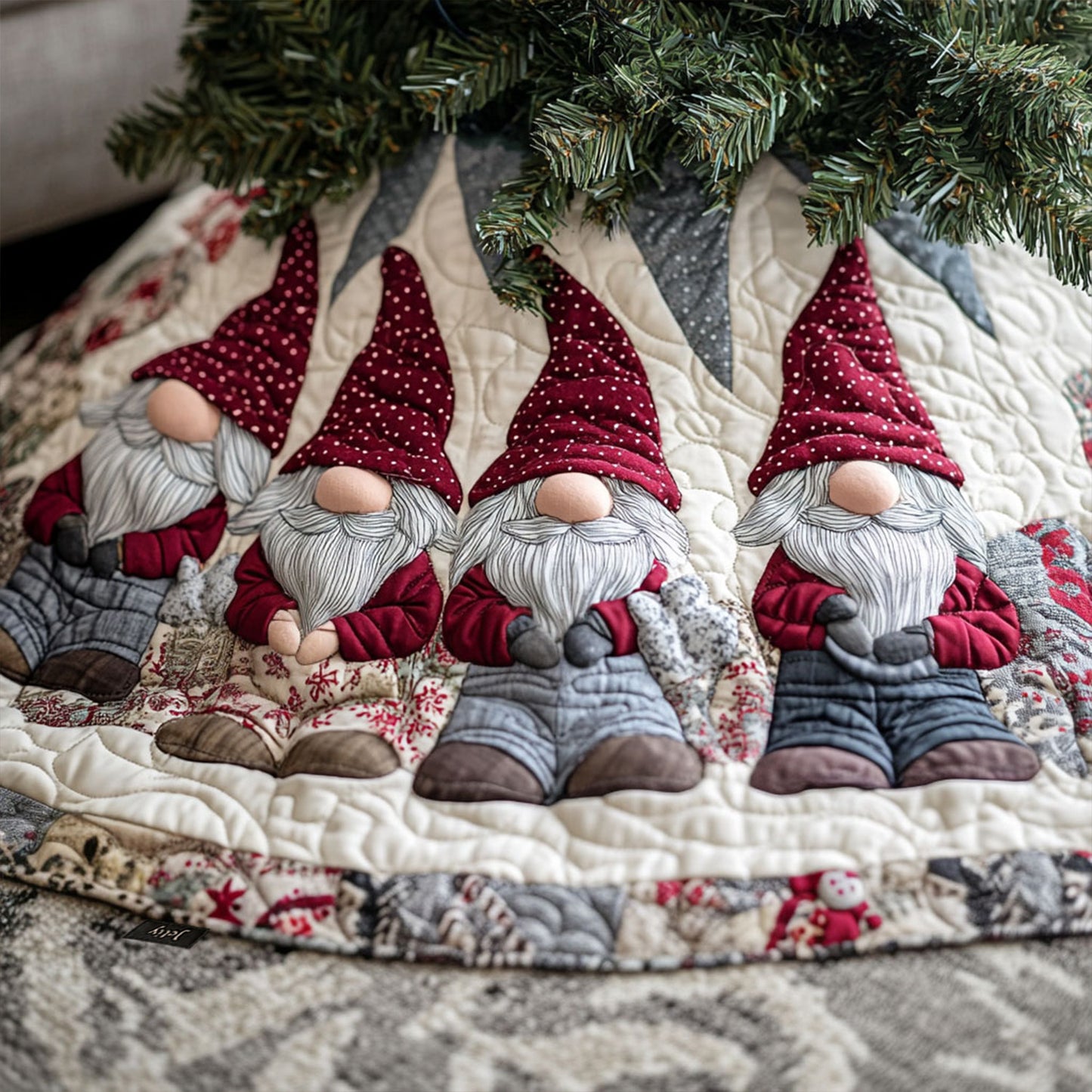 Cozy Gnome Haven Quilted Christmas Tree Skirt NCU0PT1133