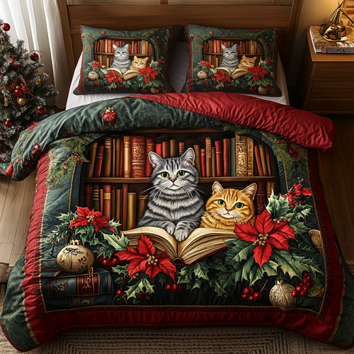 Cozy Cat Library 3-Piece Quilted Bedding Set NCU0DV2069
