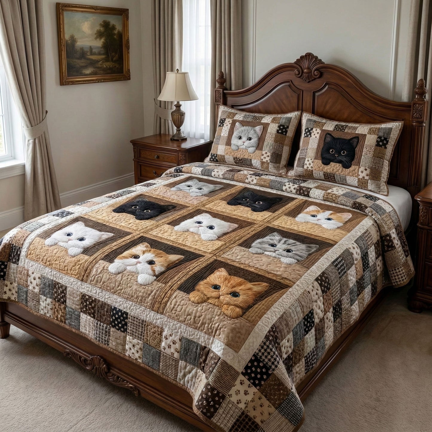 Cozy Cat Squares 3-Piece Quilted Bedding Set NCU0NT12464