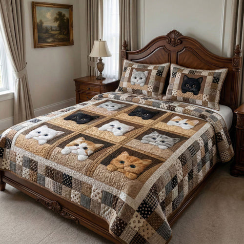 Cozy Cat Squares 3-Piece Quilted Bedding Set NCU0NT12464