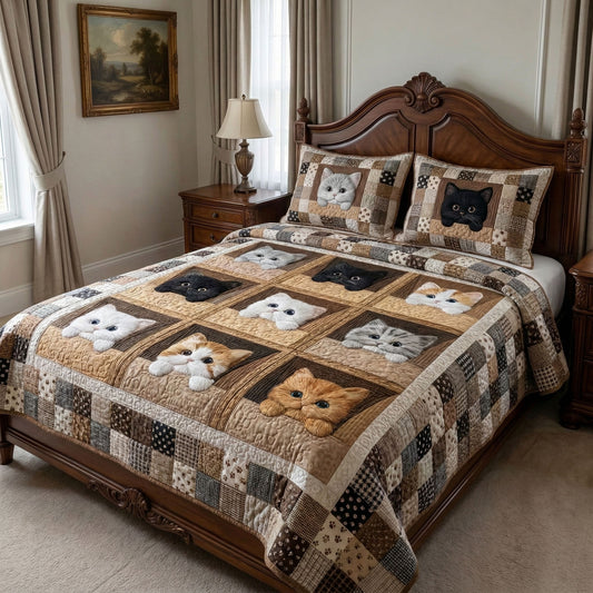Cozy Cat Squares 3-Piece Quilted Bedding Set NCU0NT12464