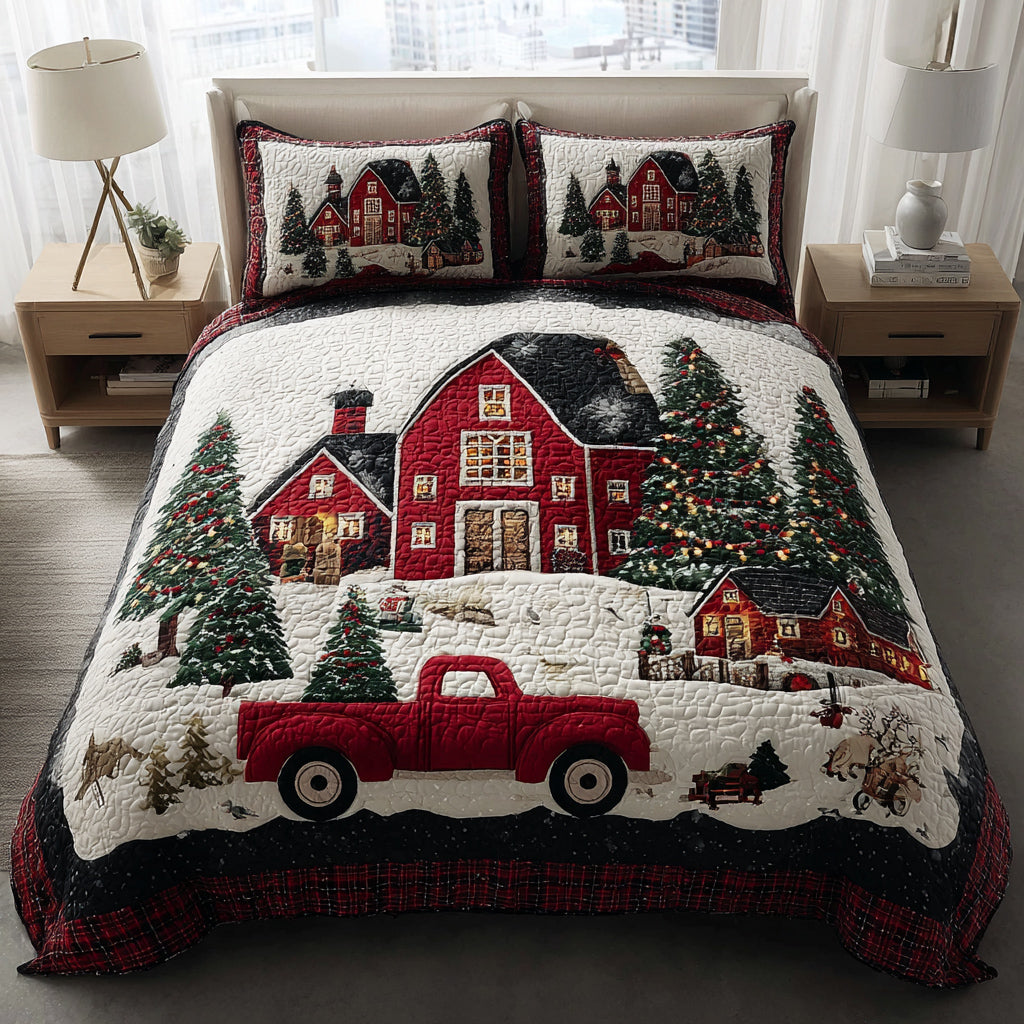 Cozy Christmas Village Truck 3-Piece Quilted Bedding Set NCU0HH878