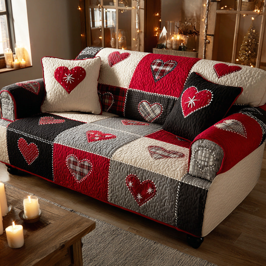 Cozy Heart Christmas Quilted Sofa Cover NCU0TD1876