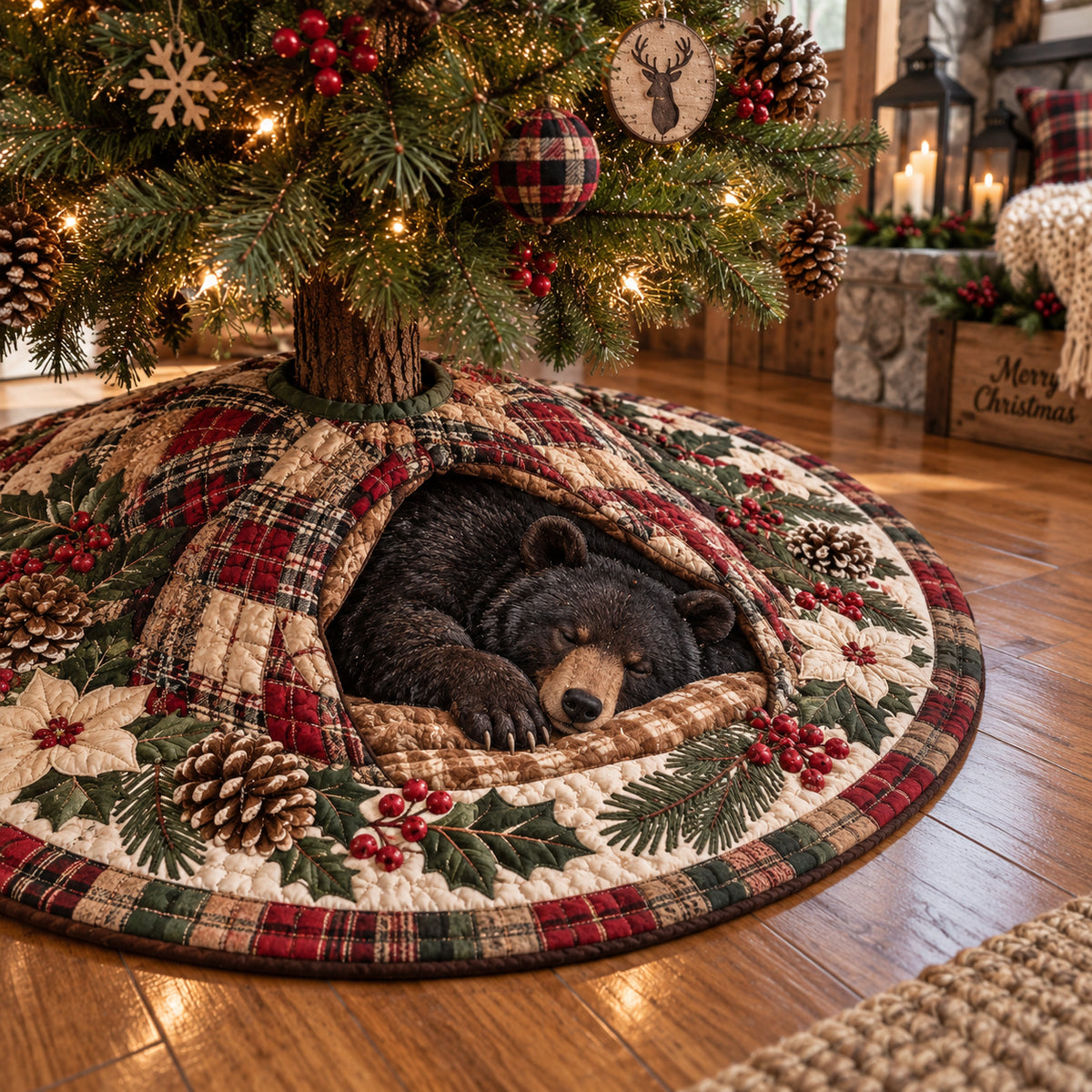 Cozy Plaid Bear Hideaway Christmas Quilted Tree Skirt NCU0DV10208