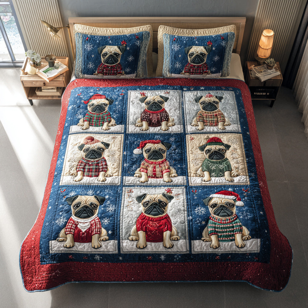 Cozy Pug Pals 3-Piece Quilted Bedding Set NCU0HH393