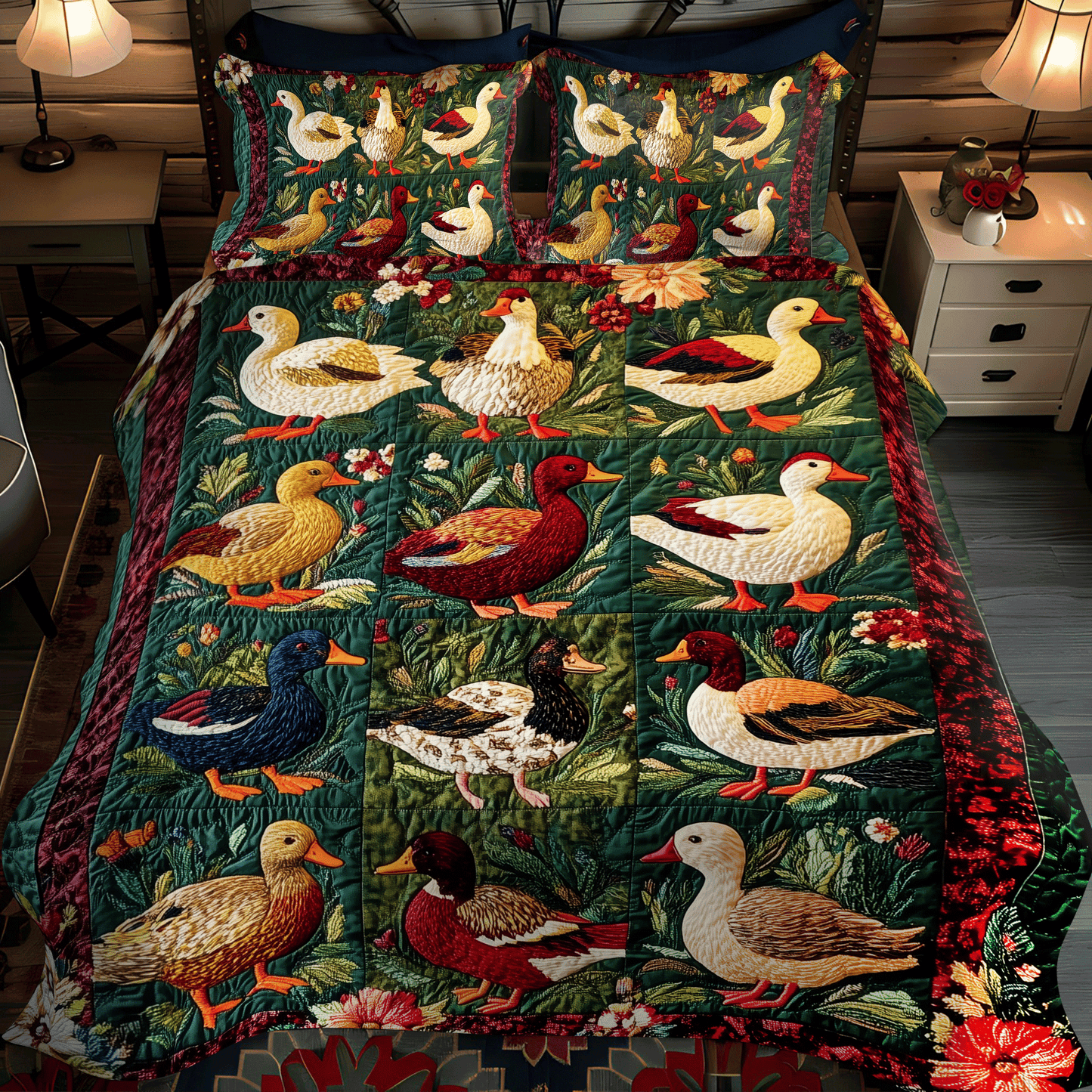 Crimson Duck Garden 3-Piece Quilted Bedding Set NCU0DV398