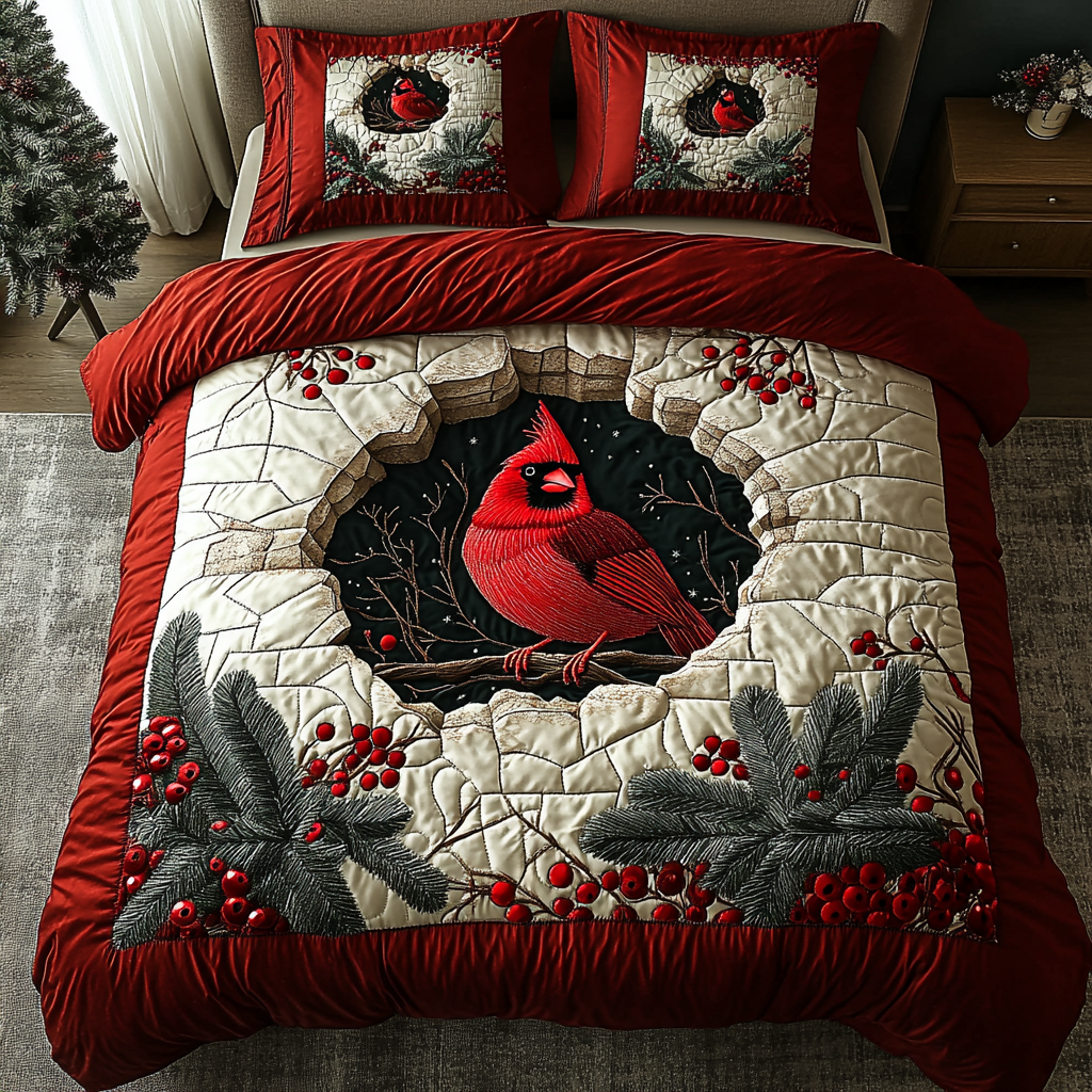 Crimson Birds 3-Piece Quilted Bedding Set NCU0DK9903