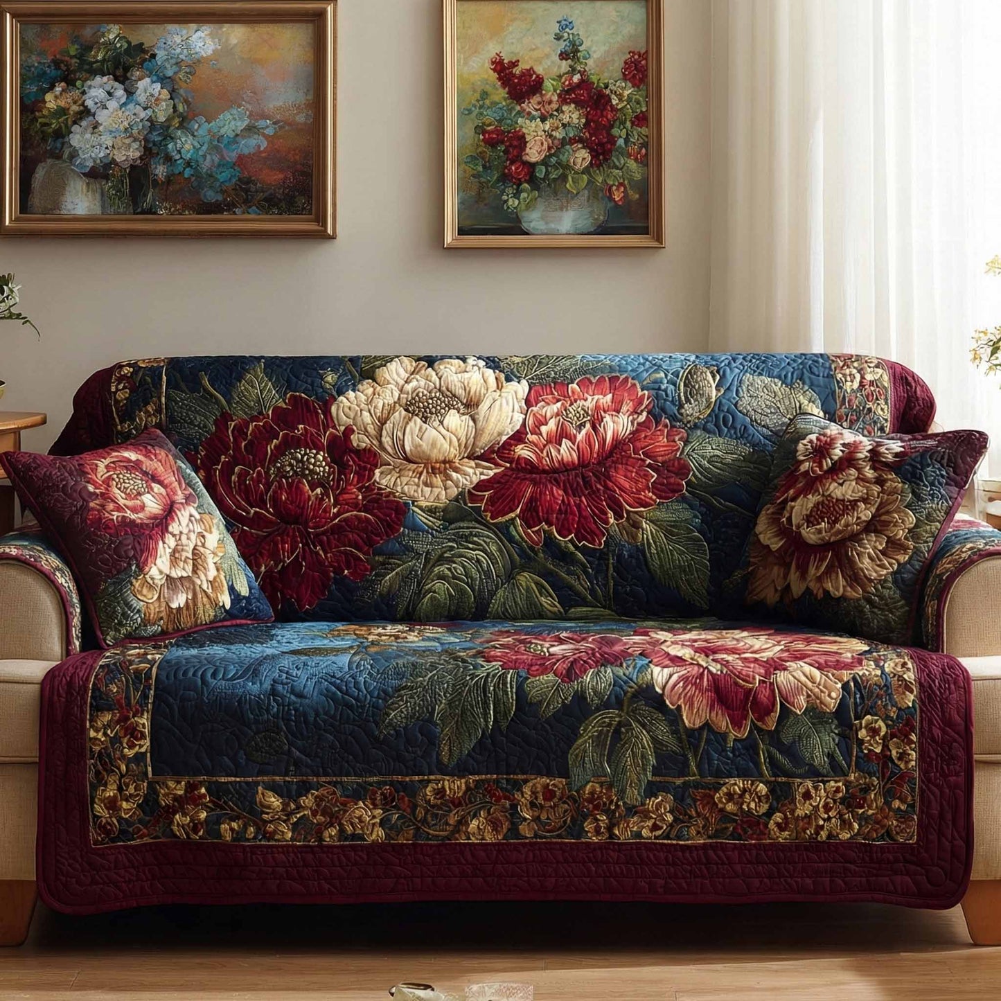 Crimson Bouquet Quilted Sofa Cover NCU0XD2432