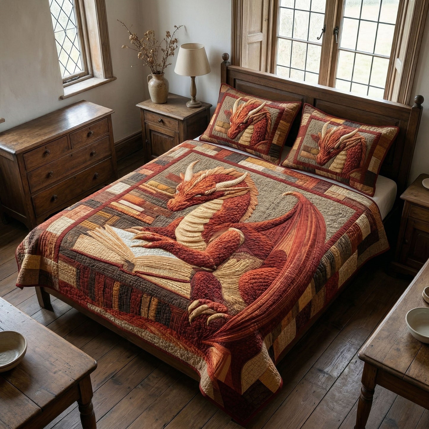 Crimson Dragon 3-Piece Quilted Bedding Set NCU0NT12676