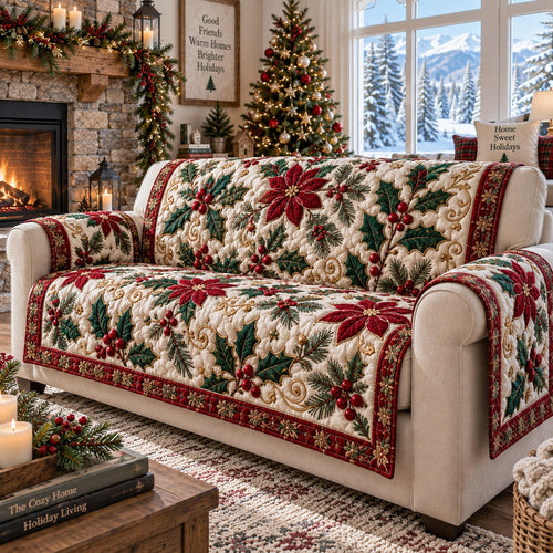 Crimson Poinsettia Bloom Quilted Sofa Cover NCU0VL4043