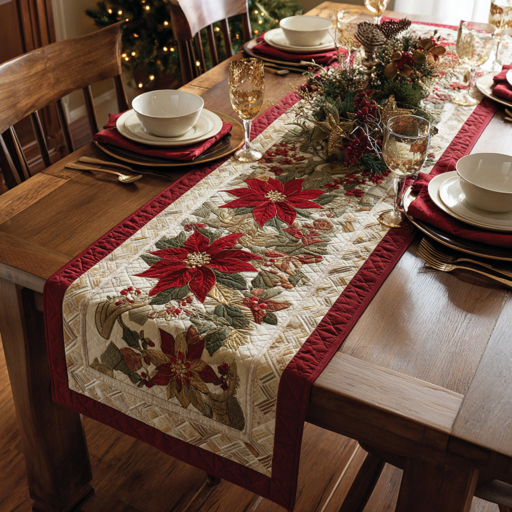 Crimson Poinsettia Border Quilted Table Runner NCU0HH776