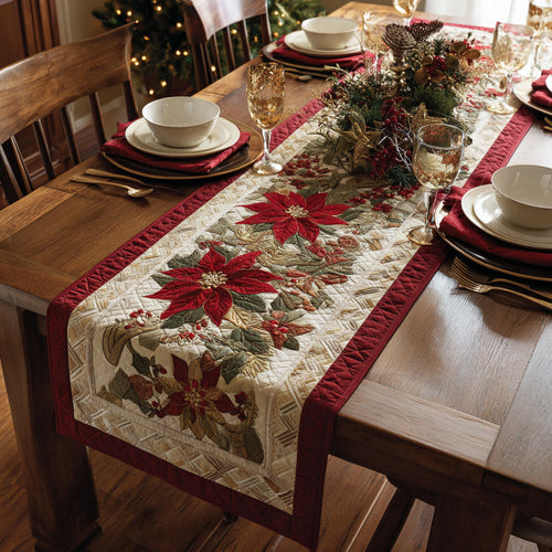 Crimson Poinsettia Border Quilted Table Runner NCU0HH776