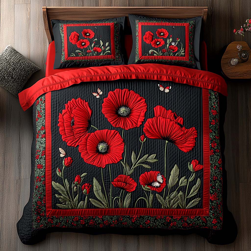 Crimson Poppy Fields 3-Piece Quilted Bedding Set NCU0XD567
