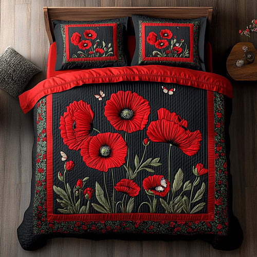 Crimson Poppy Fields 3-Piece Quilted Bedding Set NCU0XD567