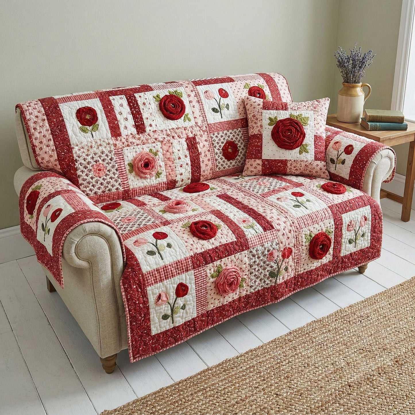 Crimson Rose Heirloom Quilted Sofa Cover NCU0NT12395