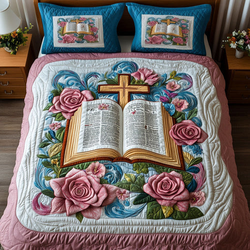 Cross and Petals 3-Piece Quilted Bedding Set NCU0NT6716