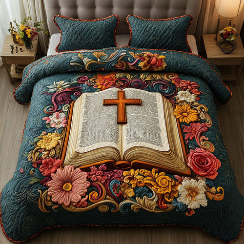 Cross in Bloom 3-Piece Quilted Bedding Set NCU0NT6724