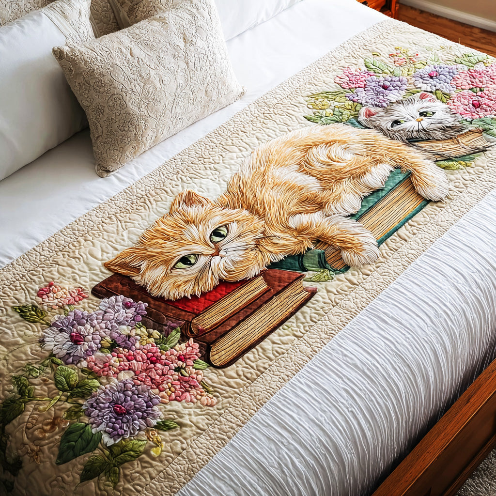 Curious Book Cat Quilted Bed Runner NCU0TD1596