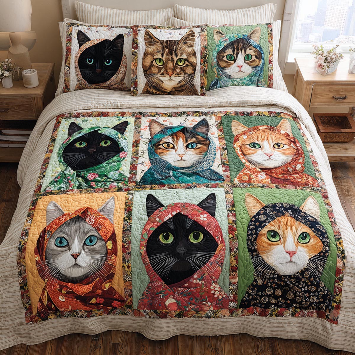 Curious Kitties 3-Piece Quilted Bedding Set NCU0DV9109