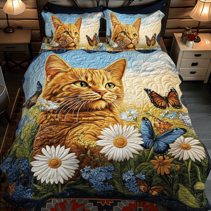 Daisy Butterflies Cat 3-Piece Quilted Bedding Set NCU0PD622