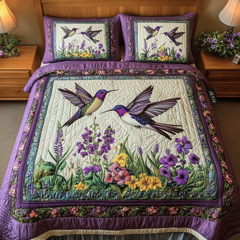 Purple Hummingbird Dancing 3-Piece Quilted Bedding Set GFTOTL3953