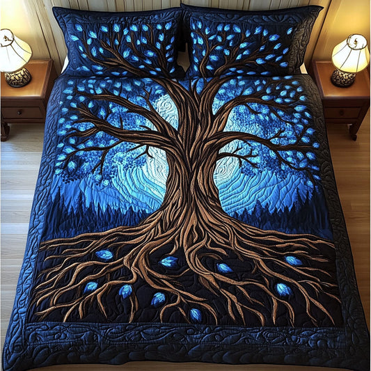 Deep Blue Rooted Tree 3-Piece Quilted Bedding Set NCU0NT4042