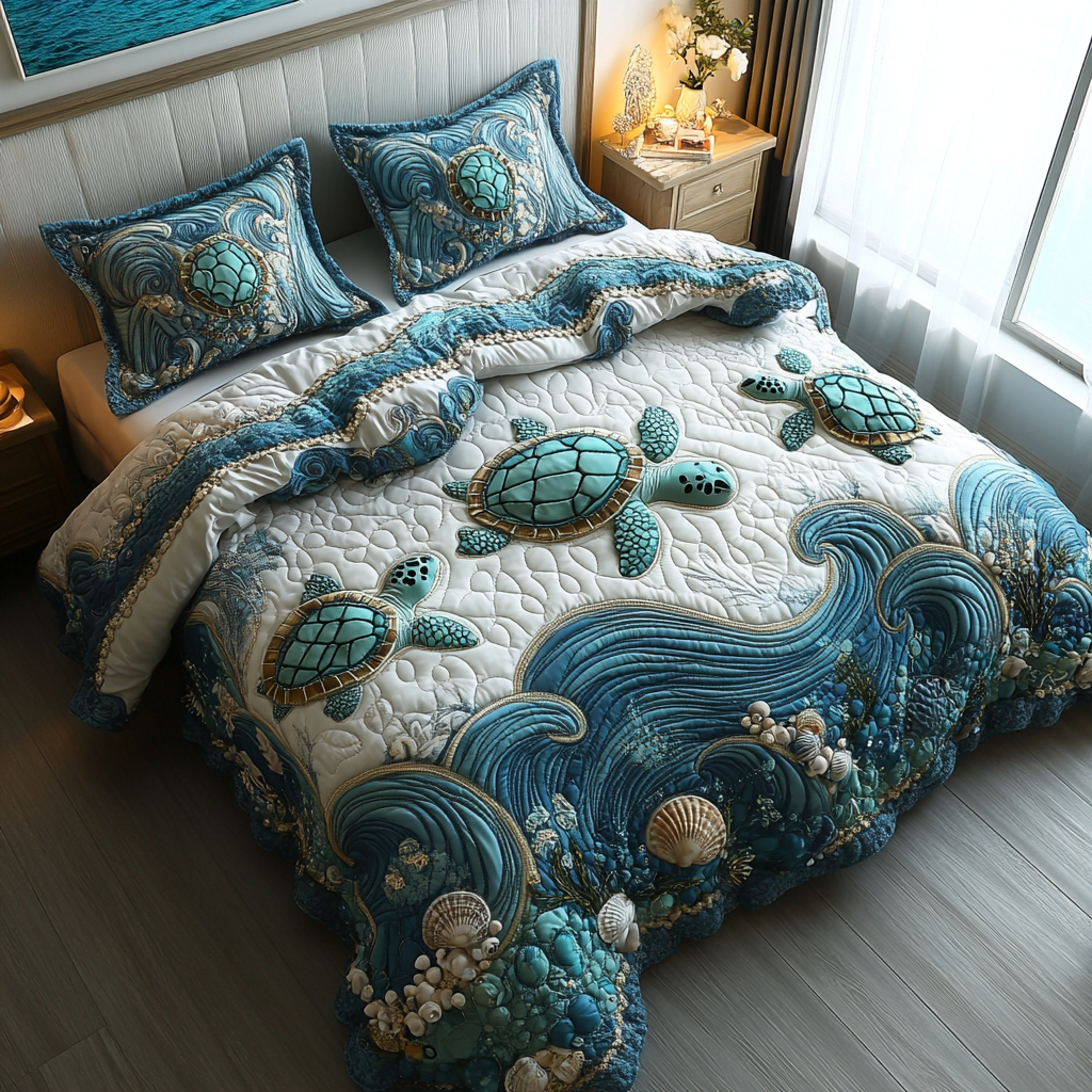 Deep Blue Serenity 3-Piece Quilted Bedding Set NCU0DV3480