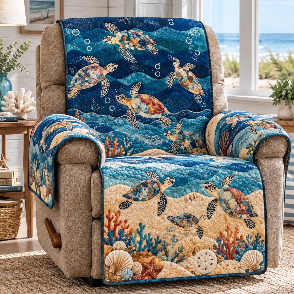 Deep Blue Turtle Reef Quilted Sofa Cover NCU0DV10449