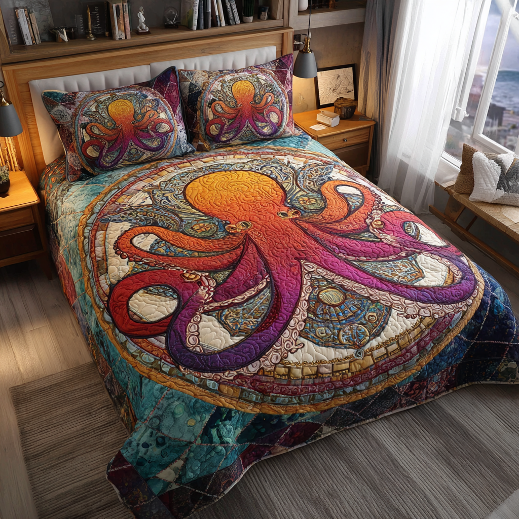 Deep Sea Octopus 3-Piece Quilted Bedding Set NCU0DK8392 – Vantique