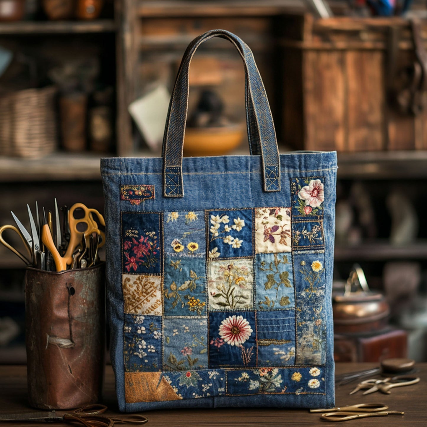 Denim Blossom Quilted Tote Bag NCU0PT7903