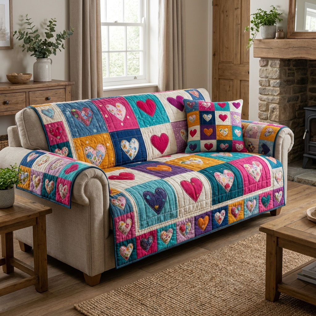 Denim Hearts Quilted Sofa Cover NCU0DK12183