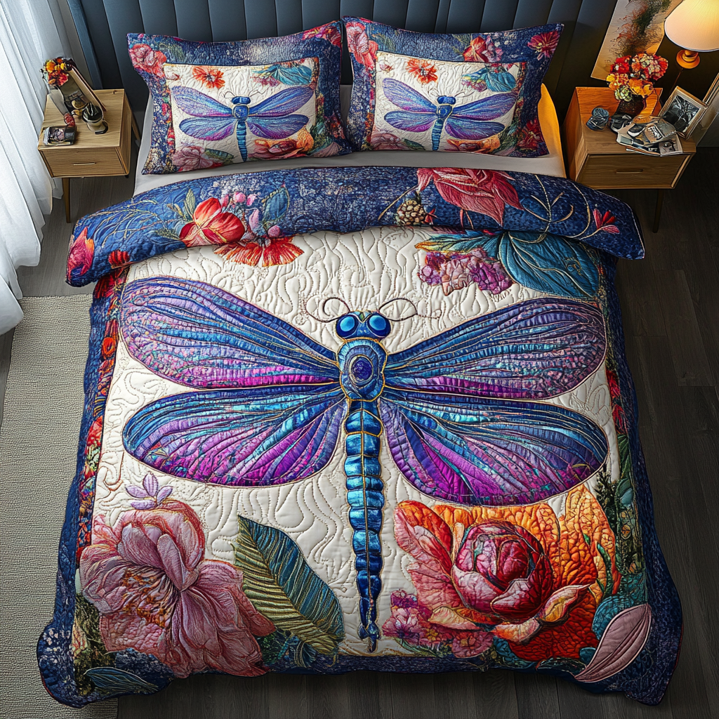 Dragonfly Sparkle 3-Piece Quilted Bedding Set NCU0DK8550