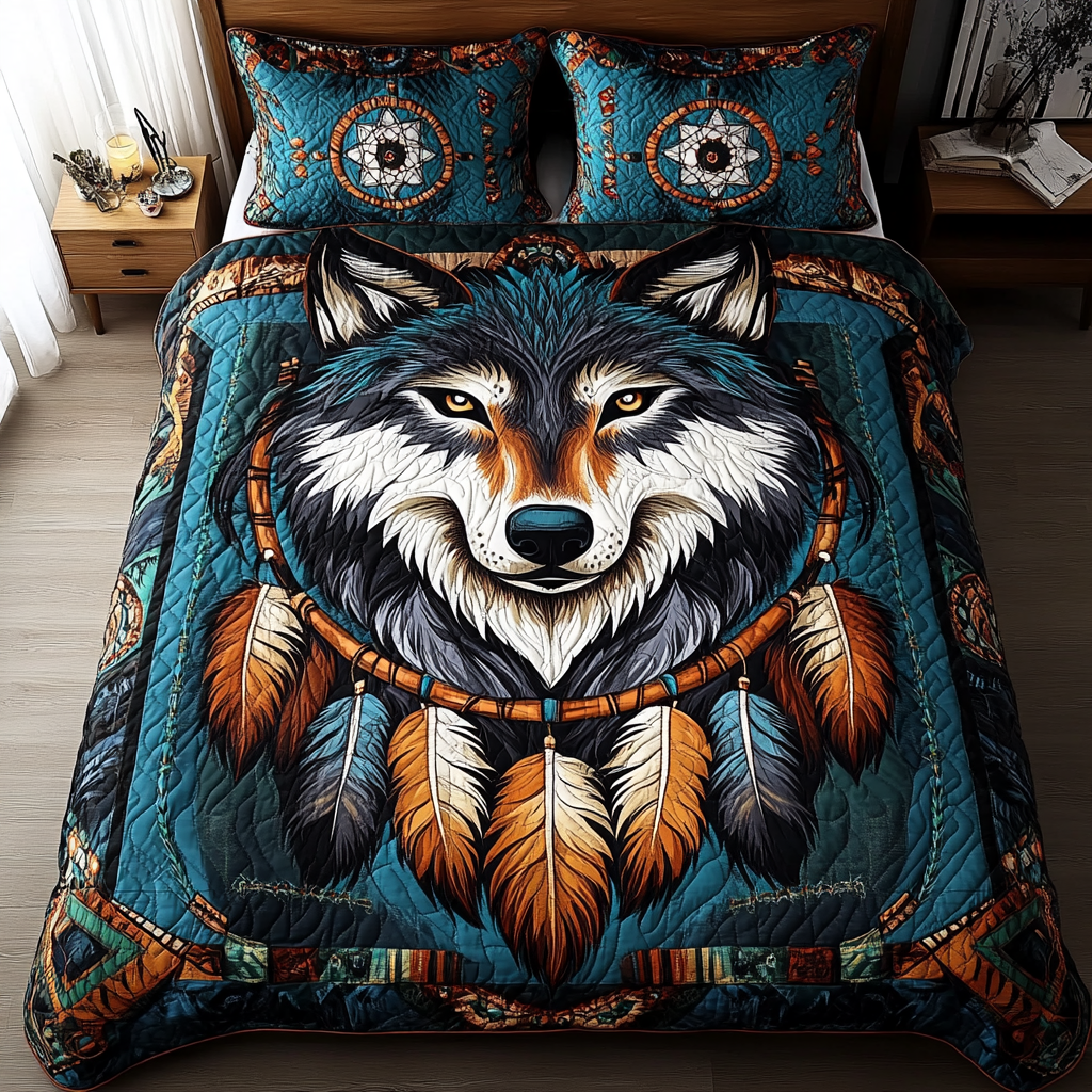 Dreamcatcher Wolf 3-Piece Quilted Bedding Set NCU0VL2533