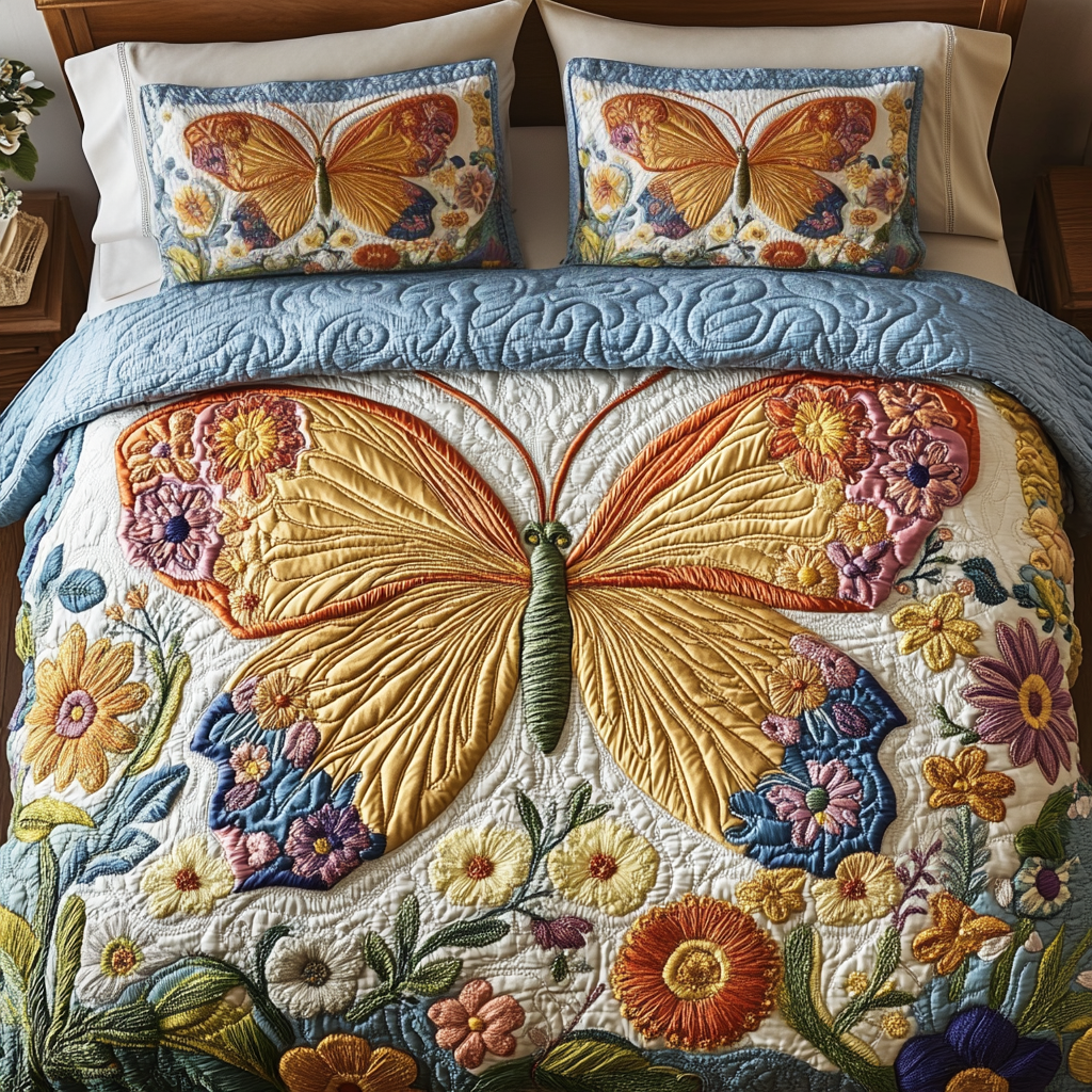 Dreamy Butterfly Haven 3-Piece Quilted Bedding Set NCU0VH5542
