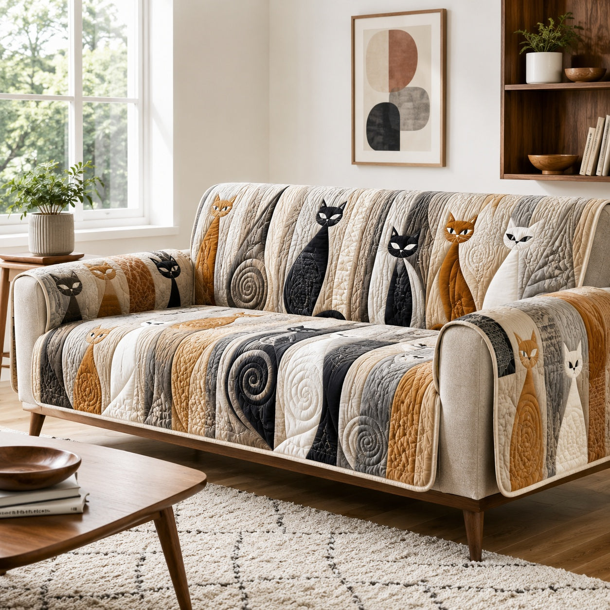 Earthy Feline Waves Quilted Sofa Cover NCU0VL3912