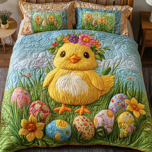 Easter Chick with Flowers 3-Piece Quilted Bedding Set NCU0NT3307