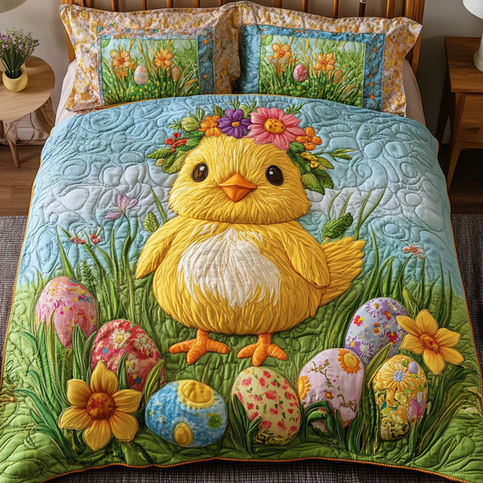Easter Chick with Flowers 3-Piece Quilted Bedding Set NCU0NT3307