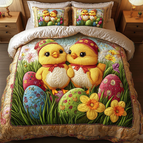 Easter Chicks and Eggs 3-Piece Quilted Bedding Set NCU0NT3308