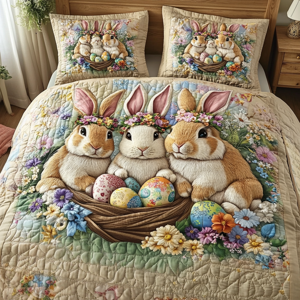 Easter Rabbits in Basket 3-Piece Quilted Bedding Set NCU0NT3309