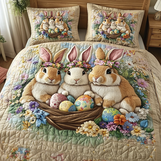Easter Rabbits in Basket 3-Piece Quilted Bedding Set NCU0NT3309