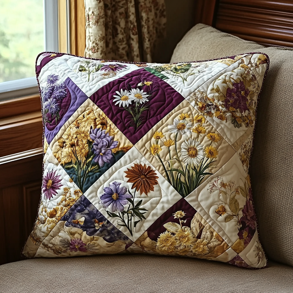 Elegant Flowers Patchwork Quilted Pillow Case NCU0DV5397