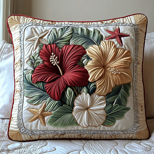 Elegant Red Hibiscus Quilted Pillow Case NCU0DV5355