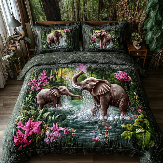 Elephant Journey 3-Piece Quilted Bedding Set NCU0DK7972