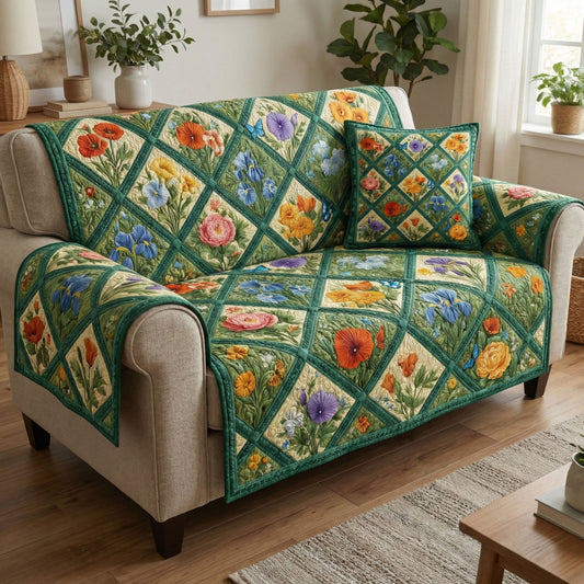 Emerald Blossom Quilted Sofa Cover NCU0NT12347