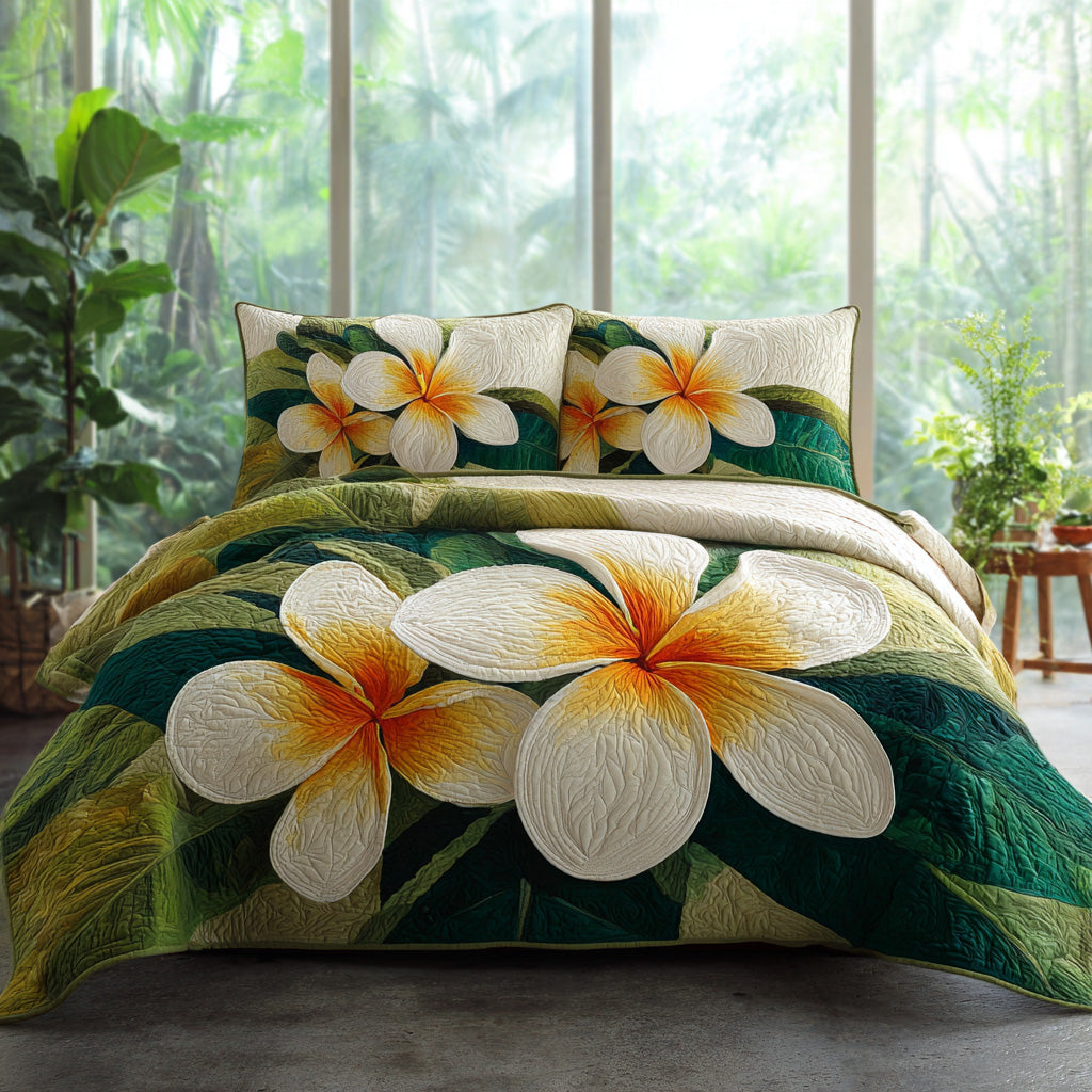 Emerald Frangipani 3-Piece Quilted Bedding Set NCU0VL3566